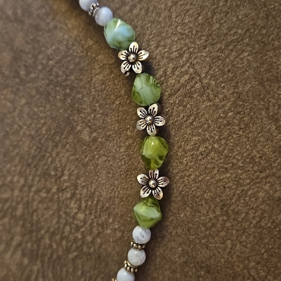 HANDMADE Blue Lace Agate Czech Glass Floral Beaded Fairycore Necklace - Picture 5 of 7